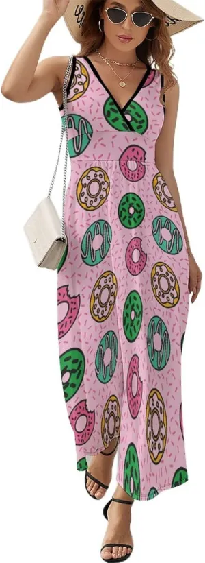Women's Maxi Long Dress Colorful Donut Doodle Casual Sleeveless Summer Beach Dress