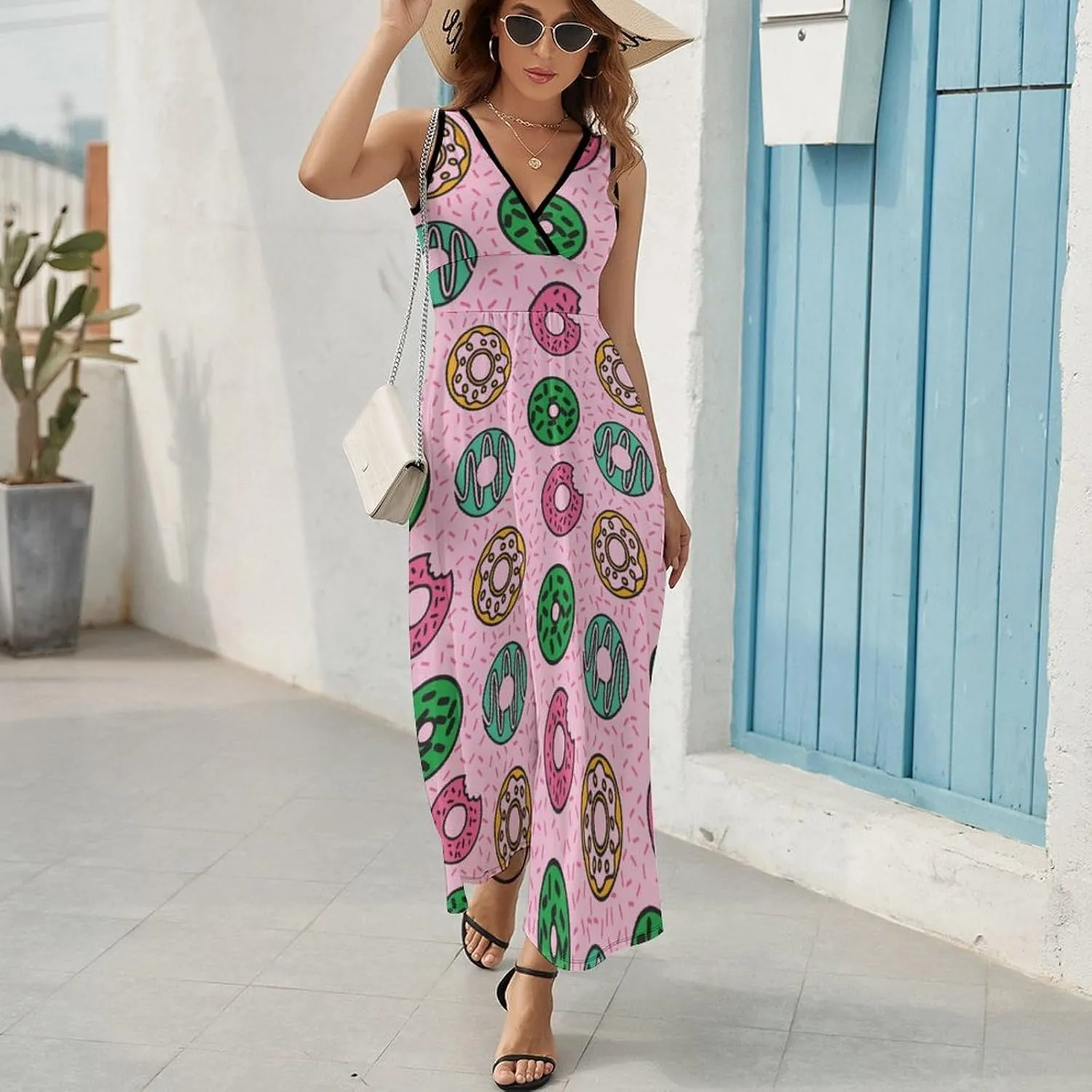 Women's Maxi Long Dress Colorful Donut Doodle Casual Sleeveless Summer Beach Dress