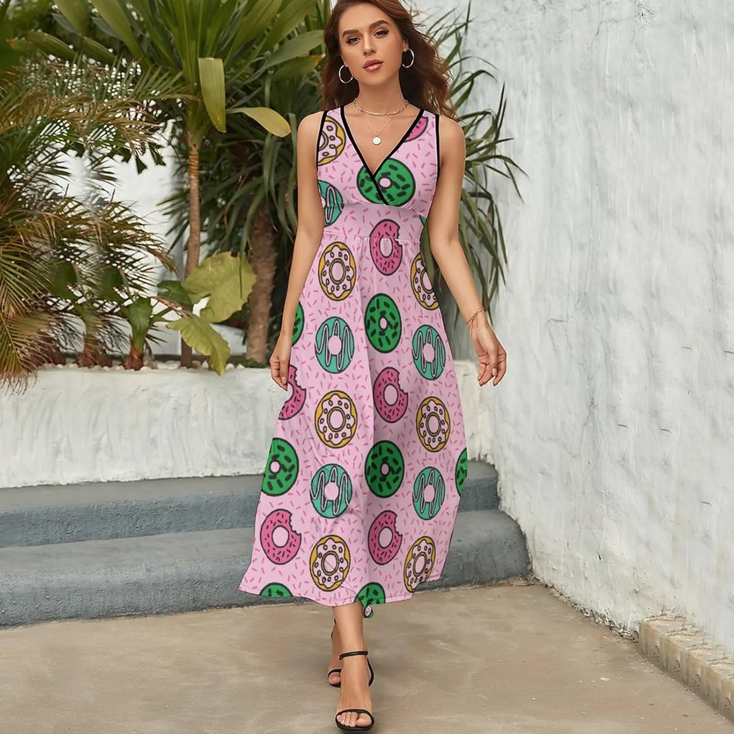 Women's Maxi Long Dress Colorful Donut Doodle Casual Sleeveless Summer Beach Dress