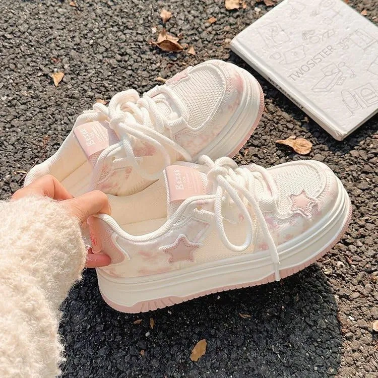 Women's Mesh Chunky Platform Sneakers - Pink Star Breathable Thick Sole Casual & Comfortable Walking Shoes