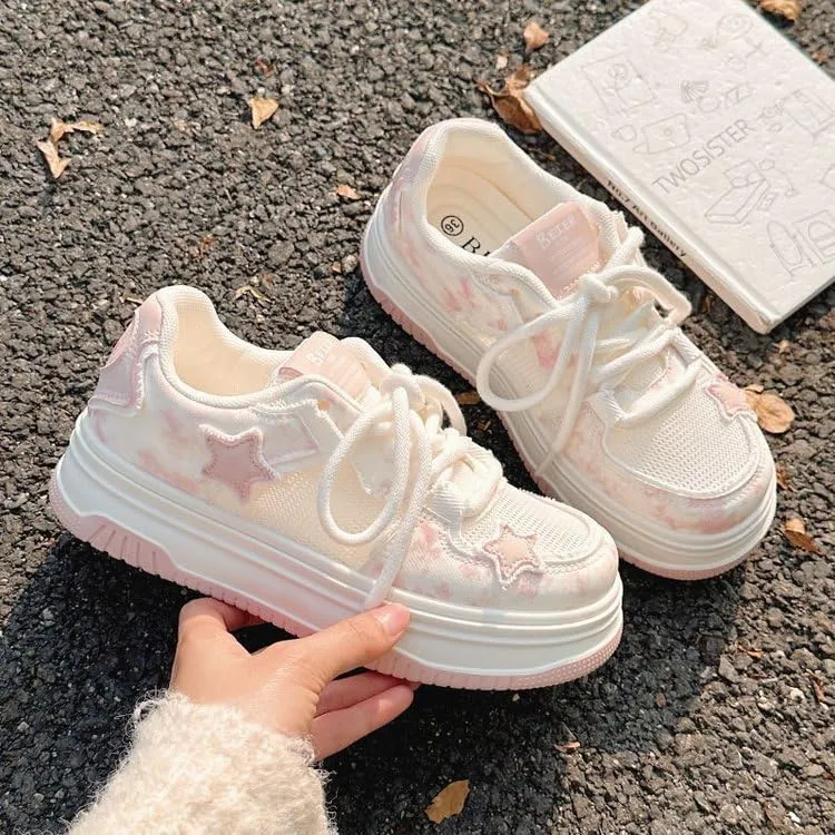 Women's Mesh Chunky Platform Sneakers - Pink Star Breathable Thick Sole Casual & Comfortable Walking Shoes