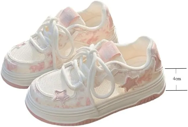Women's Mesh Chunky Platform Sneakers - Pink Star Breathable Thick Sole Casual & Comfortable Walking Shoes