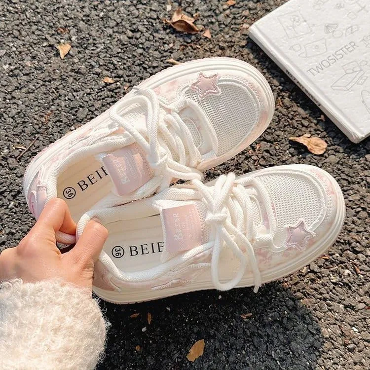 Women's Mesh Chunky Platform Sneakers - Pink Star Breathable Thick Sole Casual & Comfortable Walking Shoes