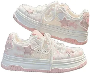 Women's Mesh Chunky Platform Sneakers - Pink Star Breathable Thick Sole Casual & Comfortable Walking Shoes