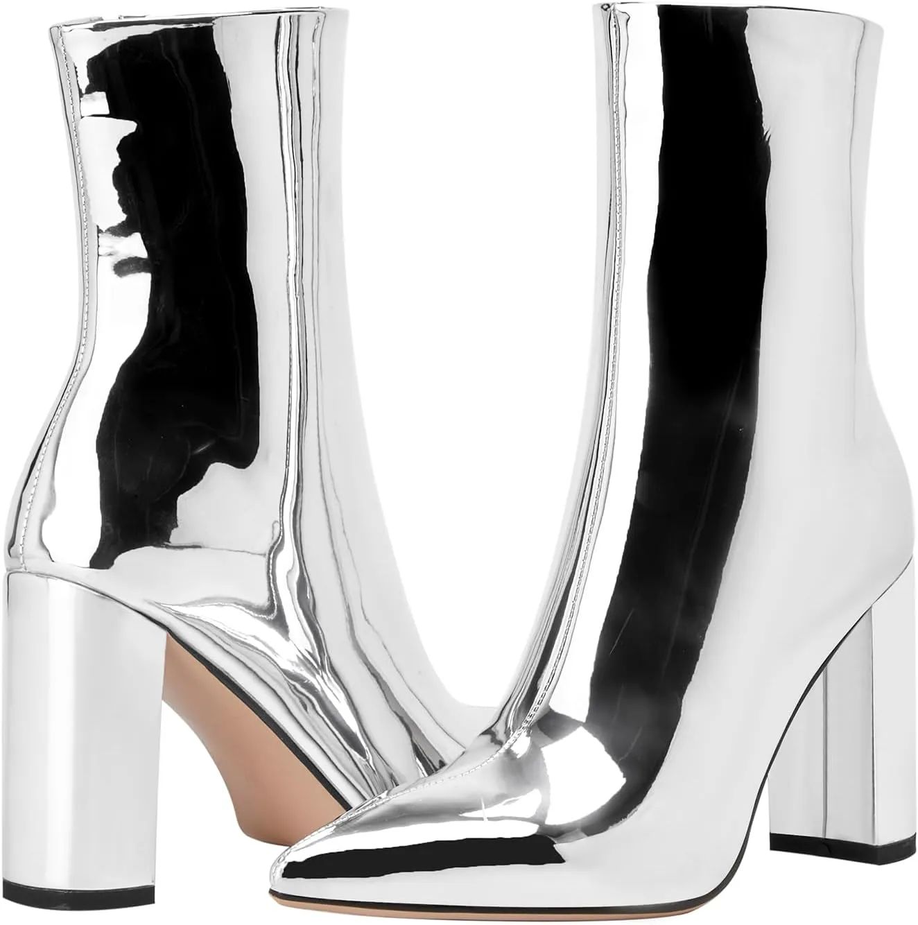 Women's Metallic Chunky Heel Ankle Boots Silver Mirror Finish Booties Zip Up