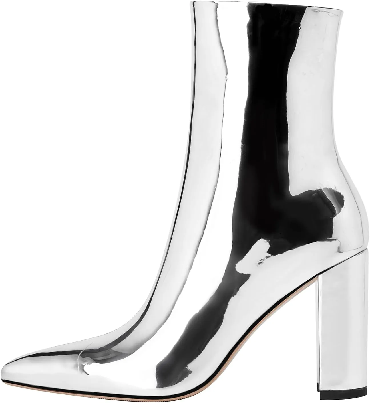 Women's Metallic Chunky Heel Ankle Boots Silver Mirror Finish Booties Zip Up
