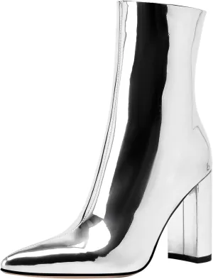Women's Metallic Chunky Heel Ankle Boots Silver Mirror Finish Booties Zip Up