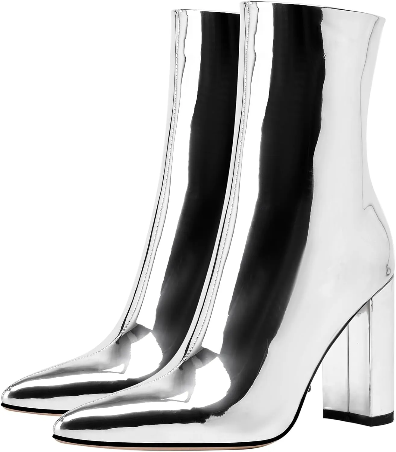Women's Metallic Chunky Heel Ankle Boots Silver Mirror Finish Booties Zip Up