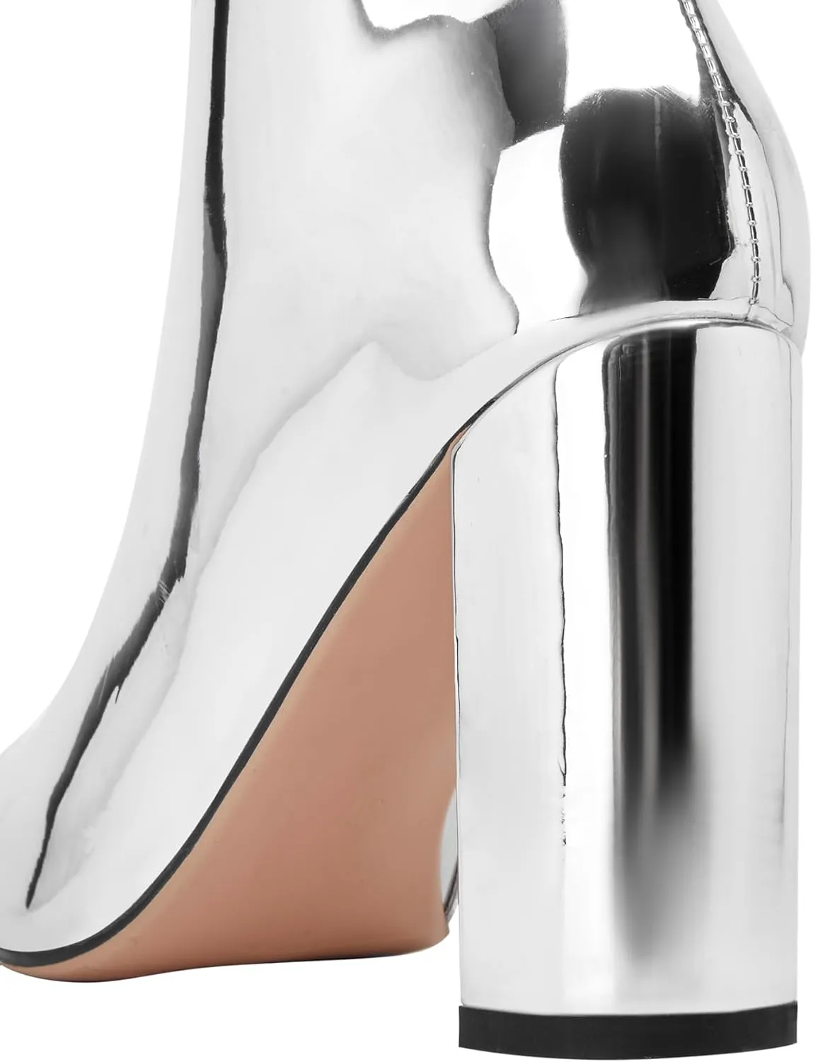 Women's Metallic Chunky Heel Ankle Boots Silver Mirror Finish Booties Zip Up