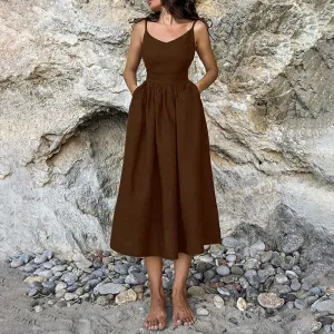 Women’s Midi Dress – Linen Blend – V-Neck – Open Back – Adjustable Tie Straps – Side Slit