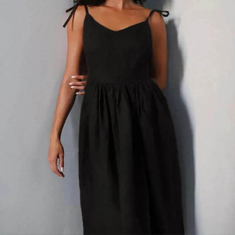 Women’s Midi Dress – Linen Blend – V-Neck – Open Back – Adjustable Tie Straps – Side Slit