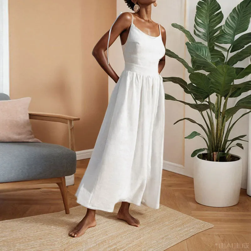 Women’s Midi Dress – Linen Blend – V-Neck – Open Back – Adjustable Tie Straps – Side Slit