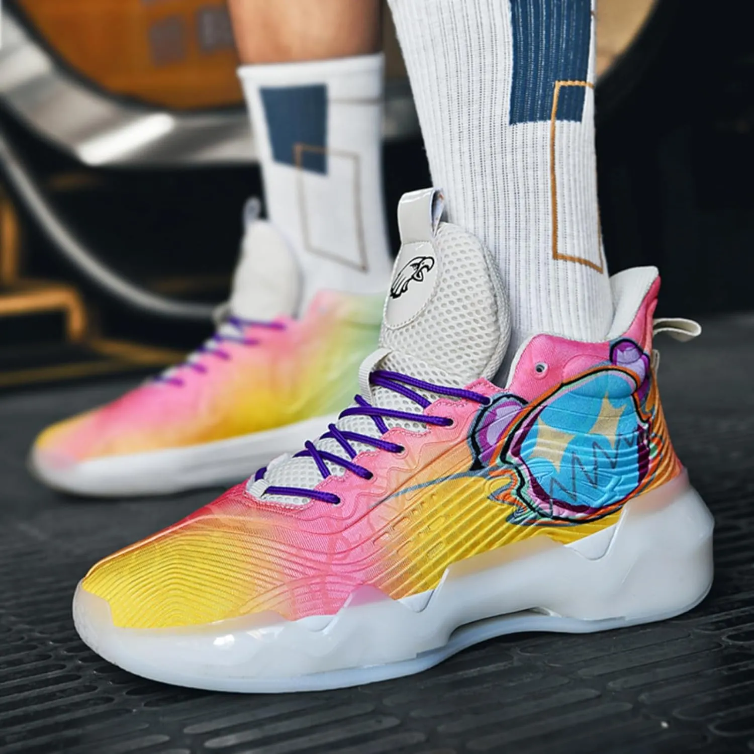 Womens Noctilucent Colorful Painting Basketball Shoes Casual Fashion High Top Lace Up Running Sneakers Tennis Outdoor Sport Shoes