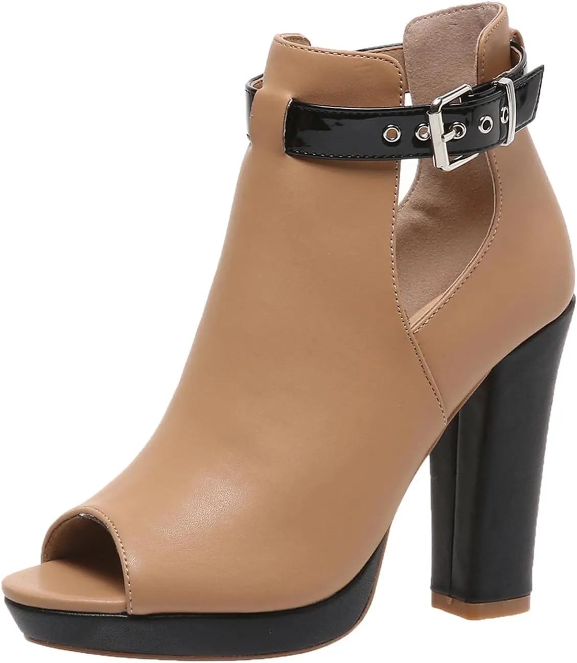 Women's Open Peep Toe Booties Summer Cutout Heels Ankle Strap Buckle Heeled Shoes Chunky Block Heel Dressy Sandals