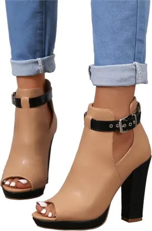 Women's Open Peep Toe Booties Summer Cutout Heels Ankle Strap Buckle Heeled Shoes Chunky Block Heel Dressy Sandals