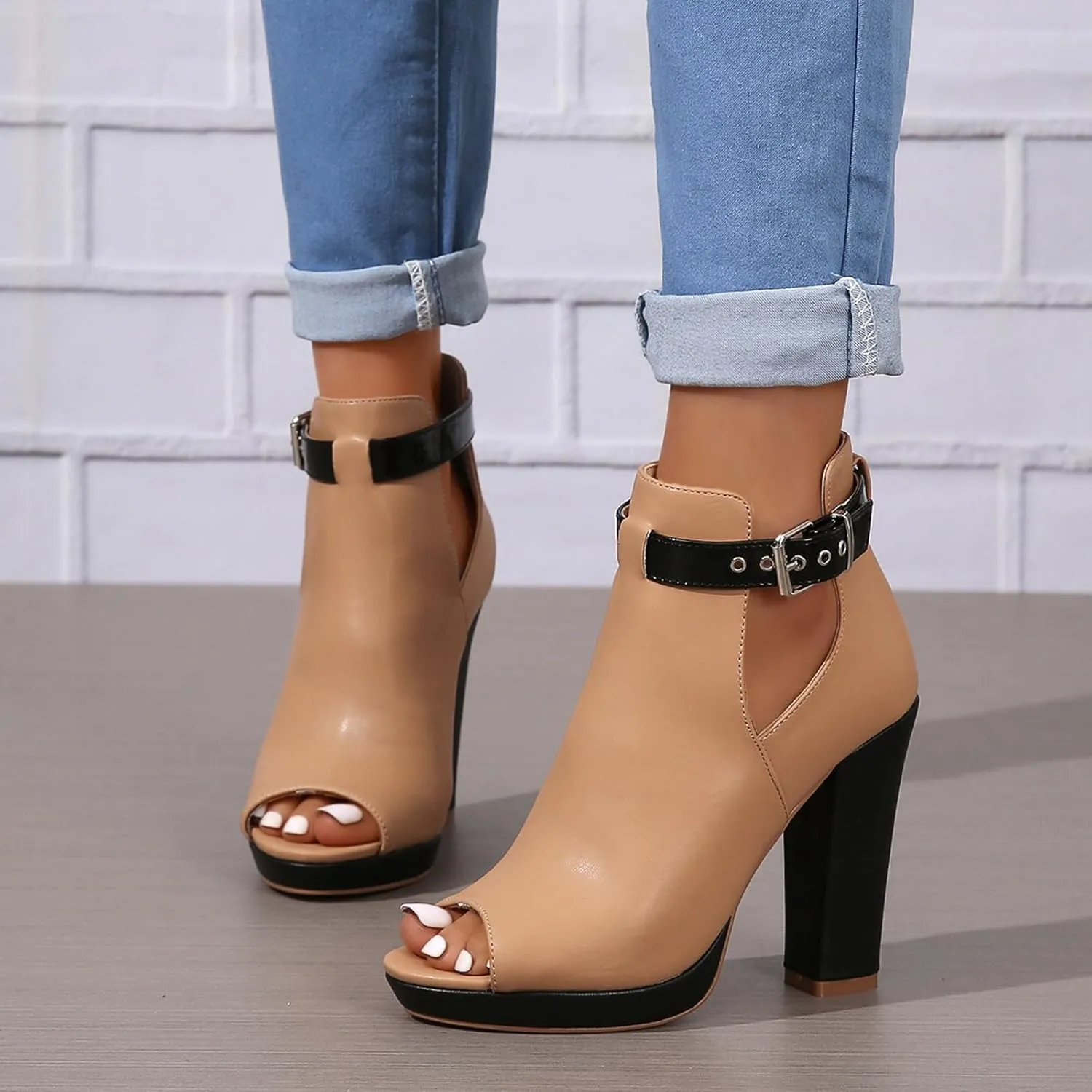 Women's Open Peep Toe Booties Summer Cutout Heels Ankle Strap Buckle Heeled Shoes Chunky Block Heel Dressy Sandals