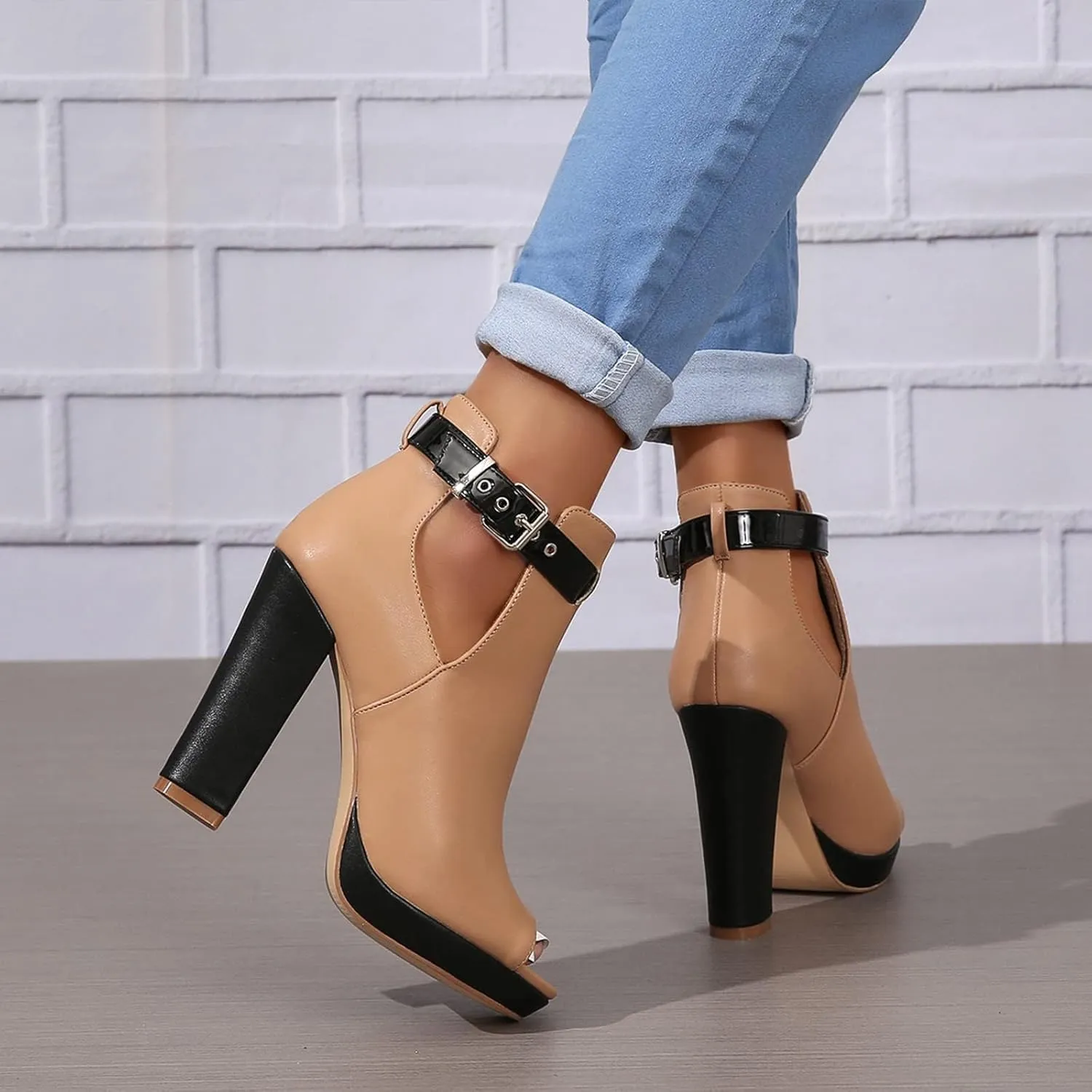 Women's Open Peep Toe Booties Summer Cutout Heels Ankle Strap Buckle Heeled Shoes Chunky Block Heel Dressy Sandals