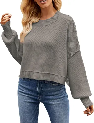 Women's Oversized Drop Shoulder Crop Sweaters Knit Crewneck Lantern Sleeve Pullover Spring Casual Solid Plus Size Jumper Tops