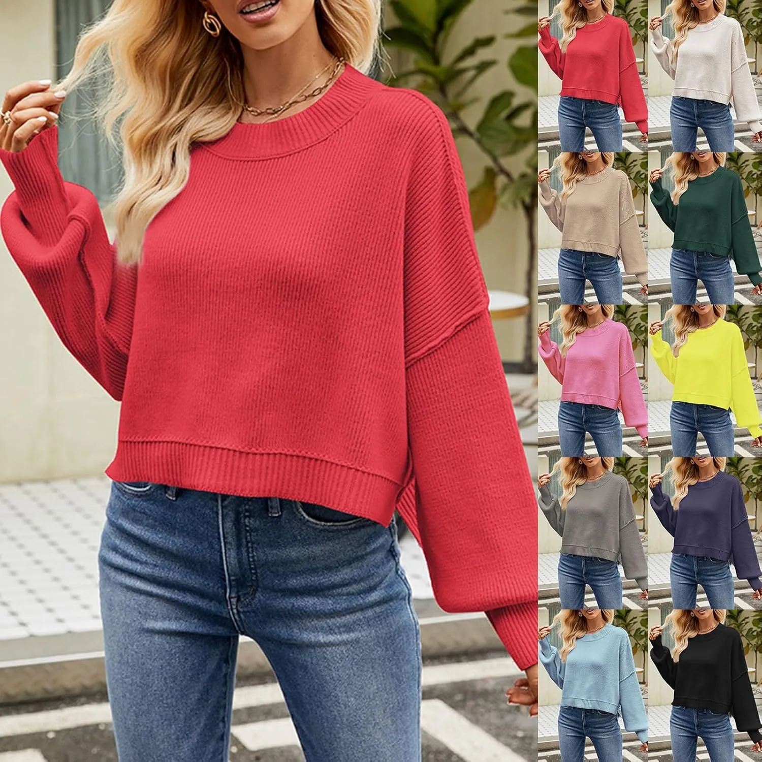 Women's Oversized Drop Shoulder Crop Sweaters Knit Crewneck Lantern Sleeve Pullover Spring Casual Solid Plus Size Jumper Tops