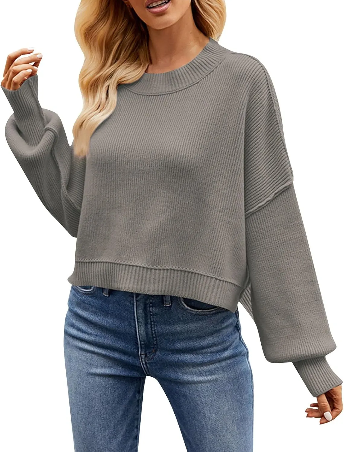 Women's Oversized Drop Shoulder Crop Sweaters Knit Crewneck Lantern Sleeve Pullover Spring Casual Solid Plus Size Jumper Tops