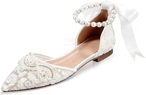 Women's Pearl Ivory Flat Wedding Shoes for Bride Lace Rhinestones Pointed Toe Comfortable Bridal Dress Shoes