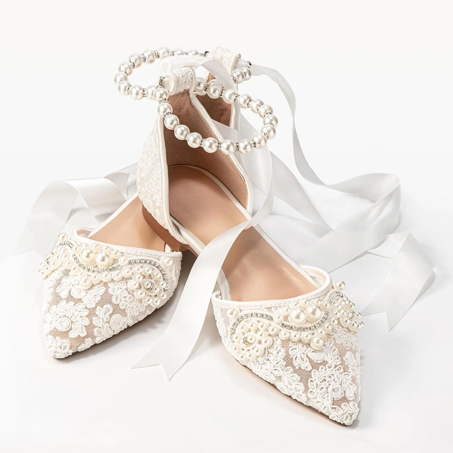 Women's Pearl Ivory Flat Wedding Shoes for Bride Lace Rhinestones Pointed Toe Comfortable Bridal Dress Shoes