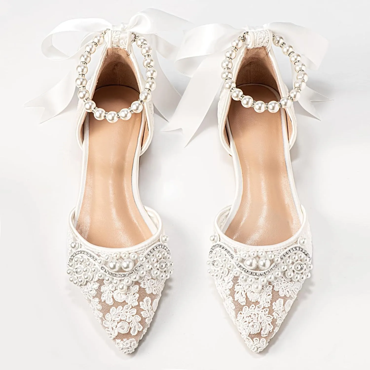 Women's Pearl Ivory Flat Wedding Shoes for Bride Lace Rhinestones Pointed Toe Comfortable Bridal Dress Shoes
