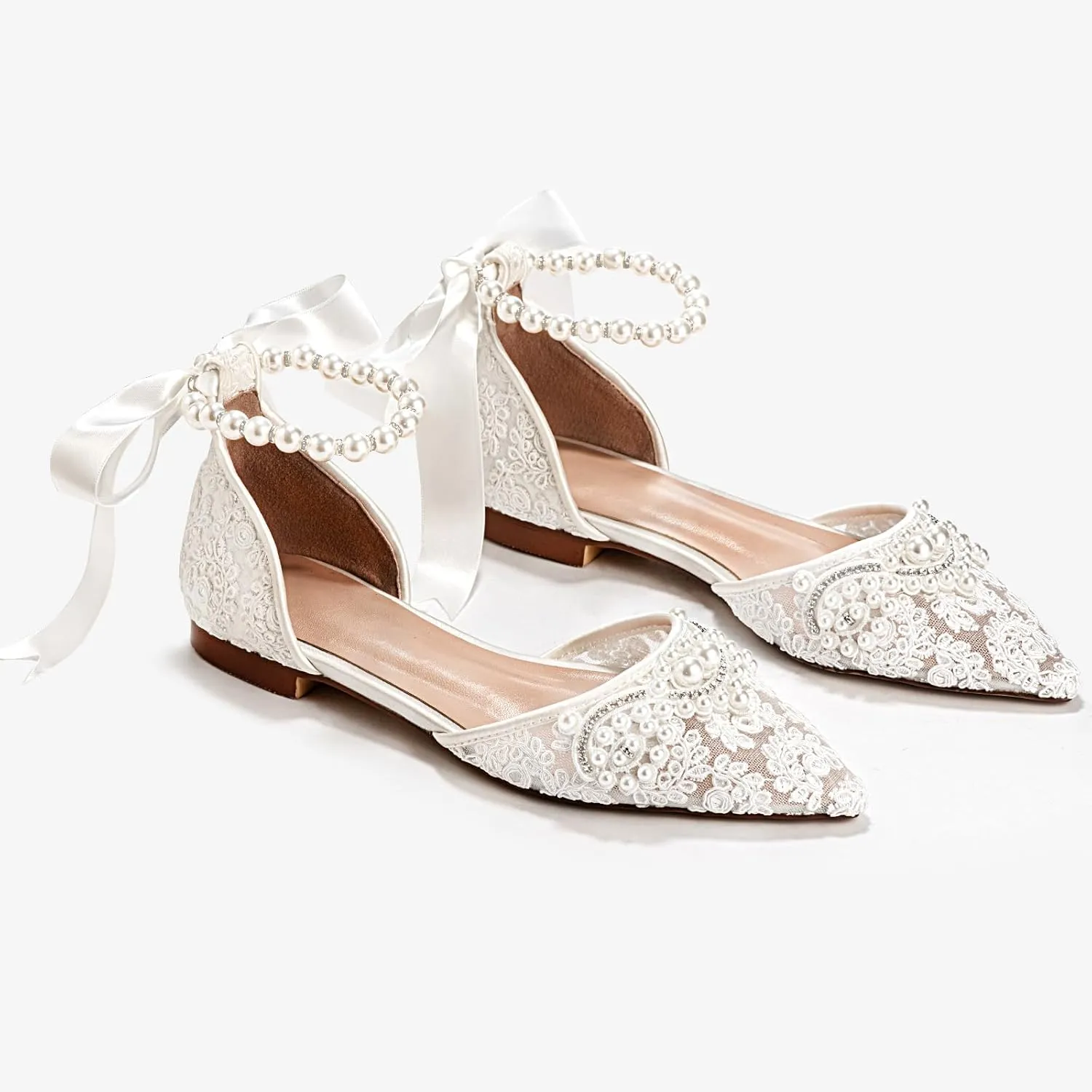 Women's Pearl Ivory Flat Wedding Shoes for Bride Lace Rhinestones Pointed Toe Comfortable Bridal Dress Shoes