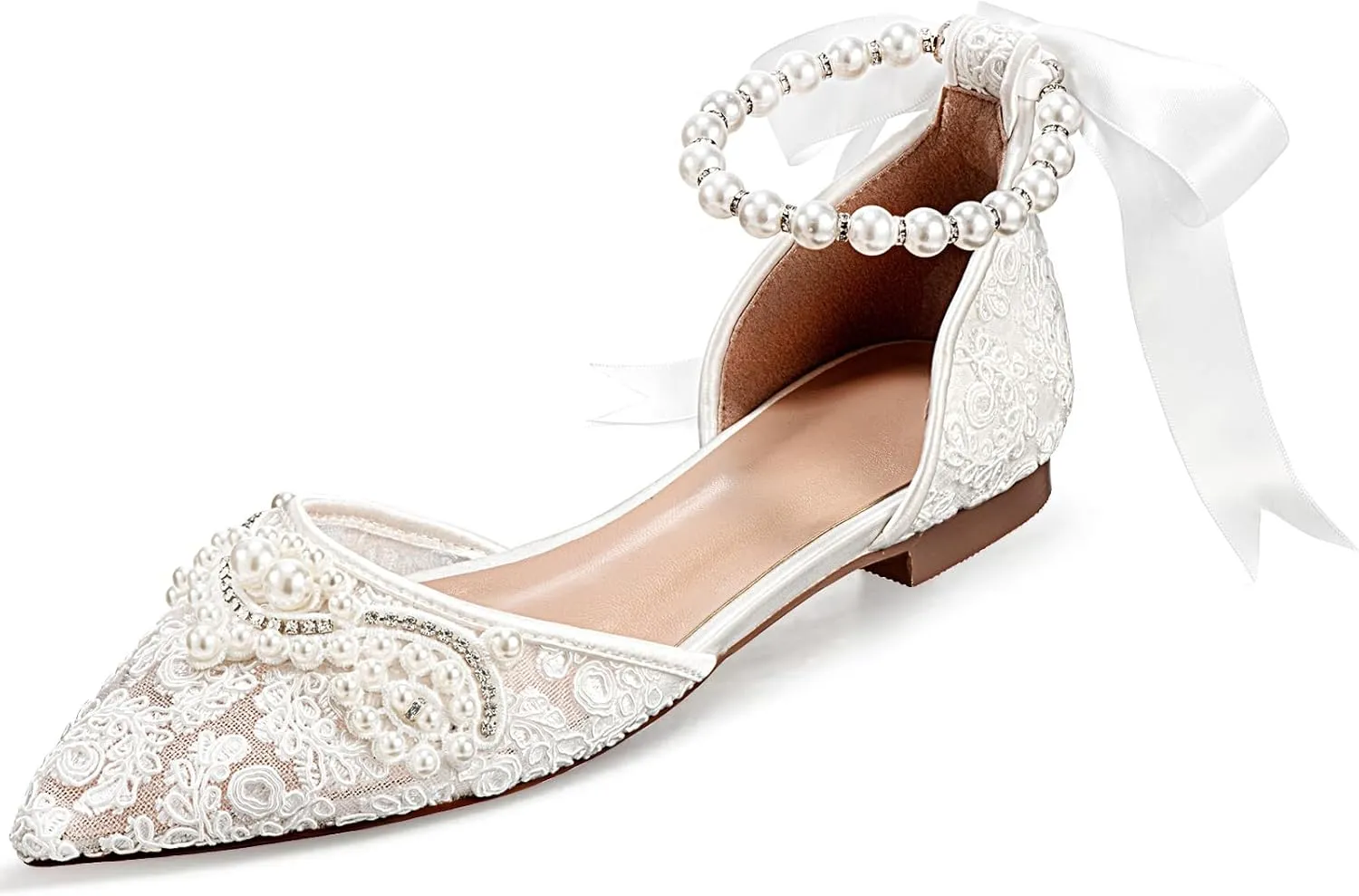 Women's Pearl Ivory Flat Wedding Shoes for Bride Lace Rhinestones Pointed Toe Comfortable Bridal Dress Shoes