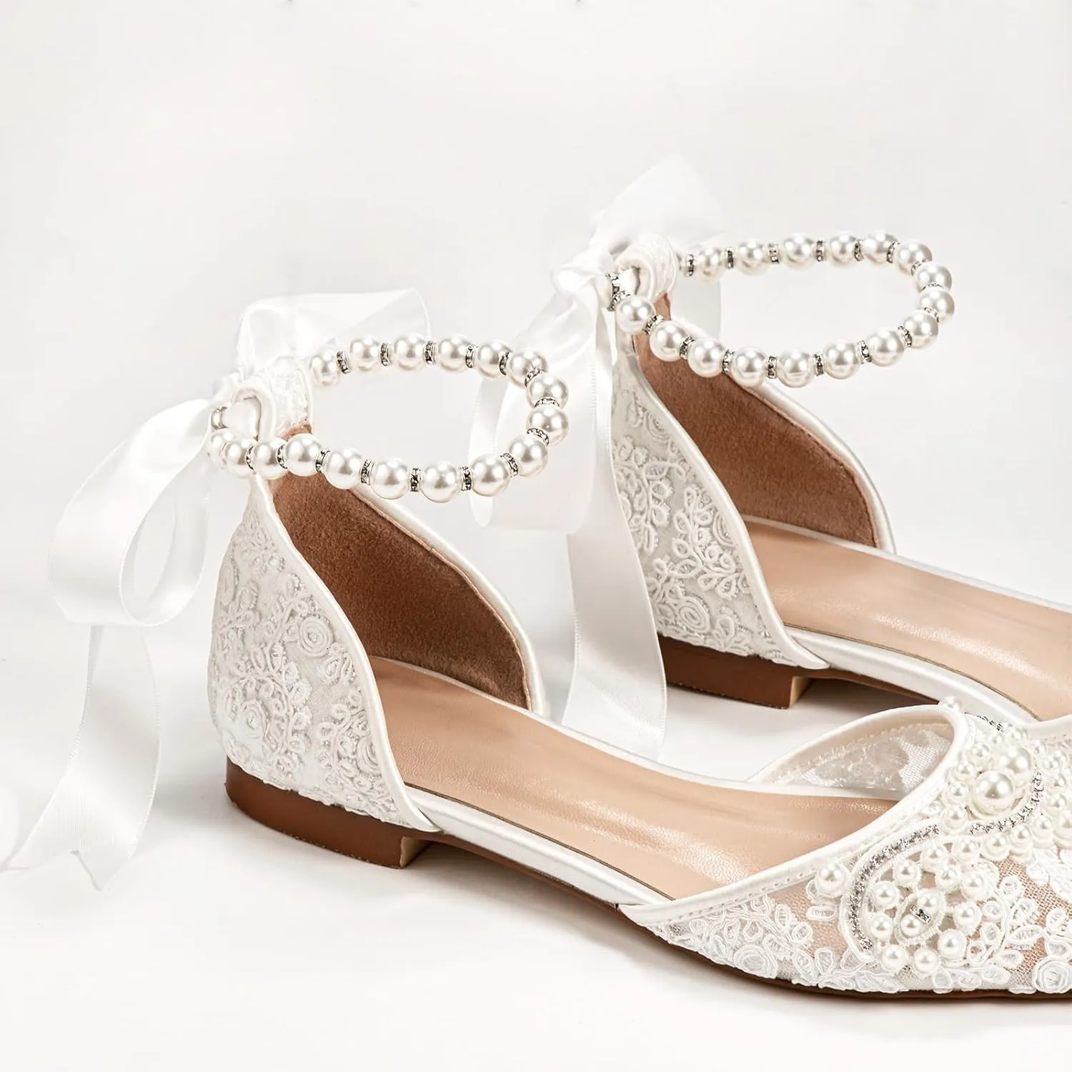 Women's Pearl Ivory Flat Wedding Shoes for Bride Lace Rhinestones Pointed Toe Comfortable Bridal Dress Shoes