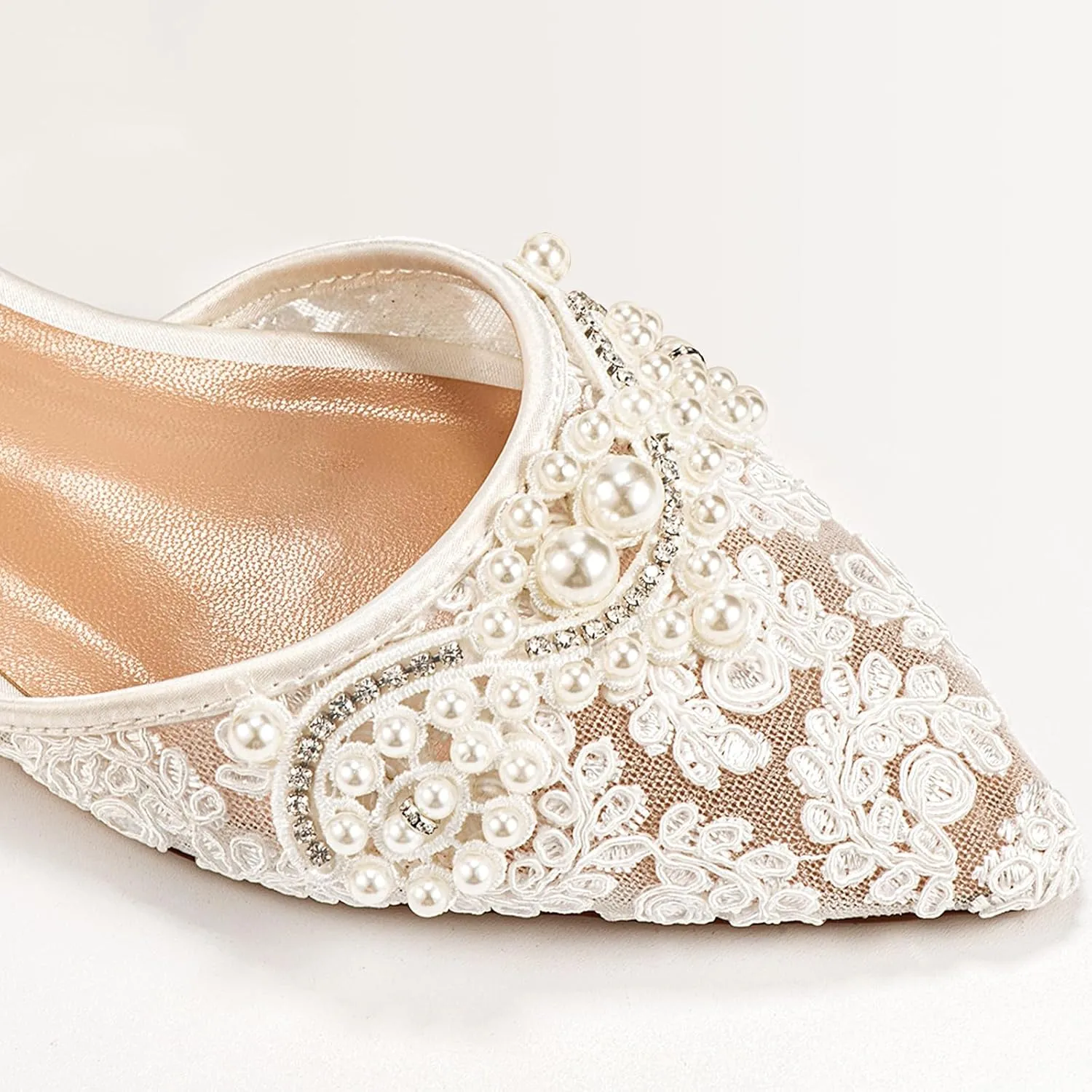 Women's Pearl Ivory Flat Wedding Shoes for Bride Lace Rhinestones Pointed Toe Comfortable Bridal Dress Shoes