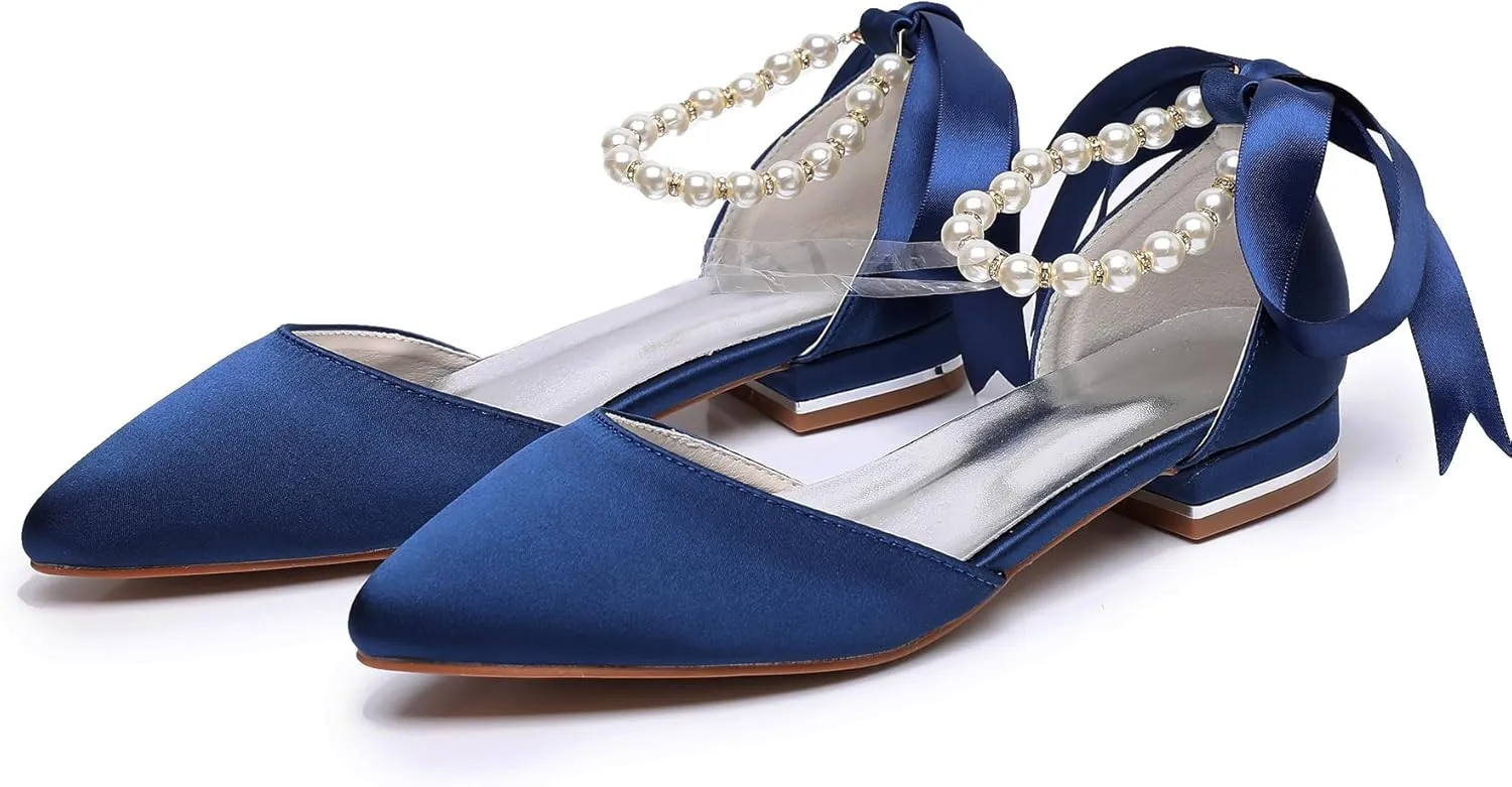 Women's Pearl Satin Wedding Shoes Pointed Toe Comfortable Bridal Flats Formal Prom Party Dress Pumps Ankle Strap Sandals