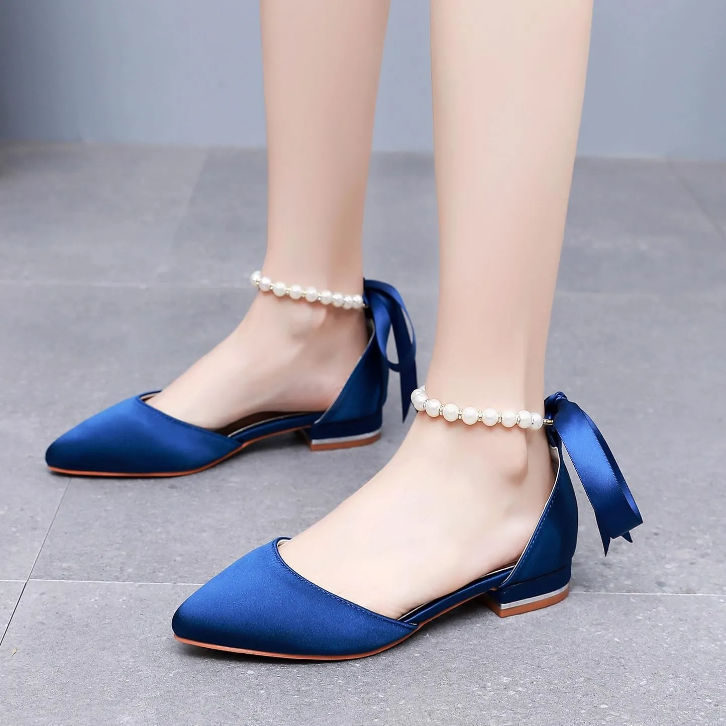 Women's Pearl Satin Wedding Shoes Pointed Toe Comfortable Bridal Flats Formal Prom Party Dress Pumps Ankle Strap Sandals