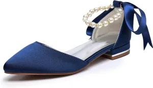 Women's Pearl Satin Wedding Shoes Pointed Toe Comfortable Bridal Flats Formal Prom Party Dress Pumps Ankle Strap Sandals