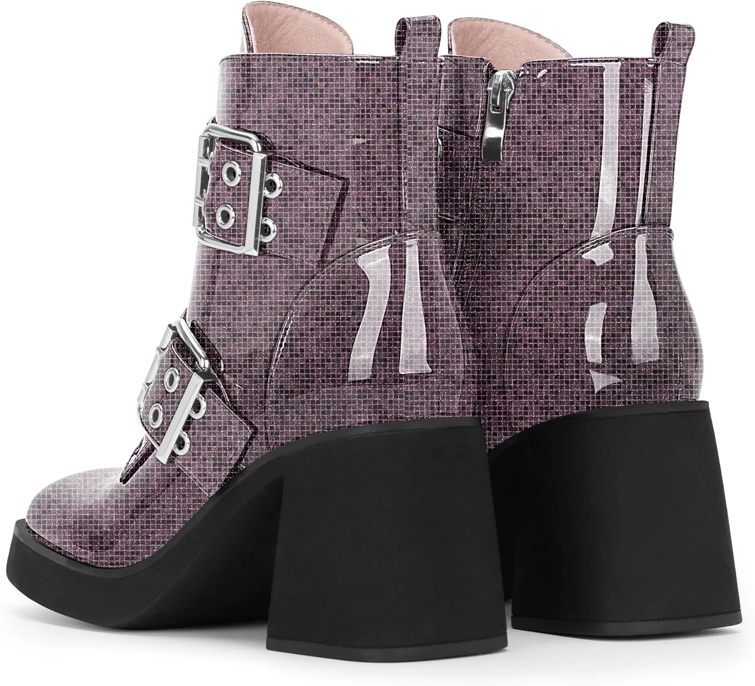 Women's Platform Chunky Heel Buckle Ankle Boots Patent Leather Side Zipper Booties