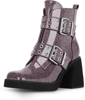 Women's Platform Chunky Heel Buckle Ankle Boots Patent Leather Side Zipper Booties