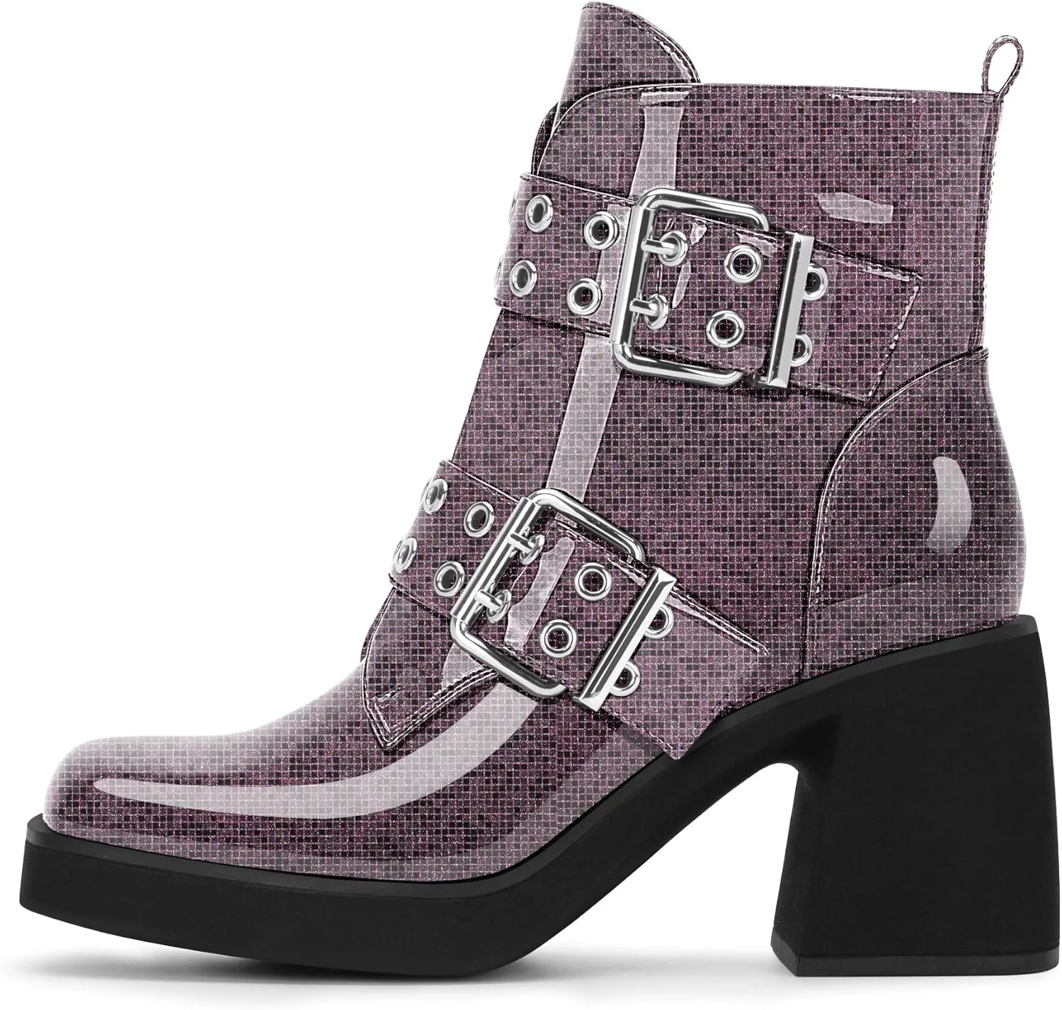 Women's Platform Chunky Heel Buckle Ankle Boots Patent Leather Side Zipper Booties