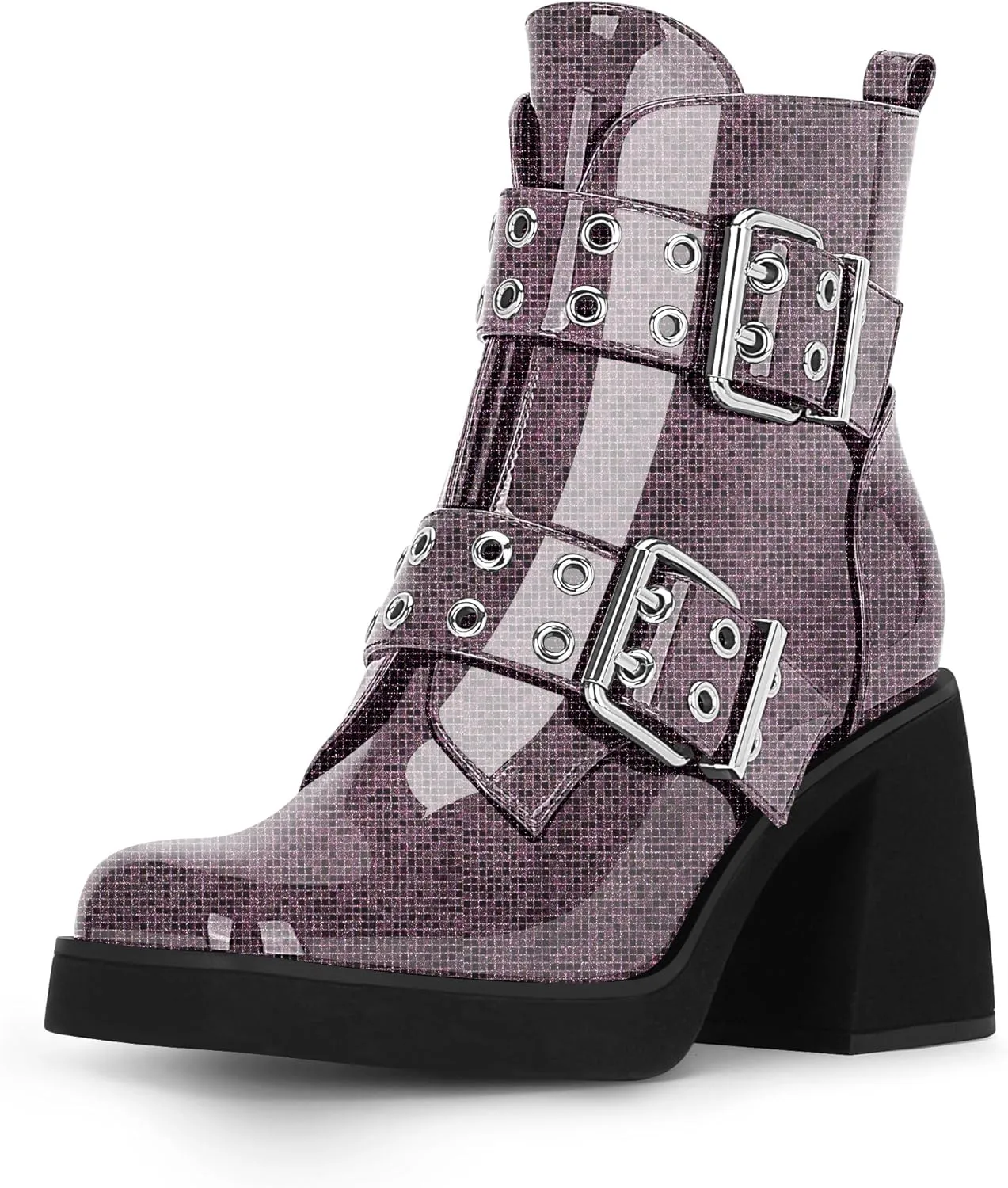 Women's Platform Chunky Heel Buckle Ankle Boots Patent Leather Side Zipper Booties