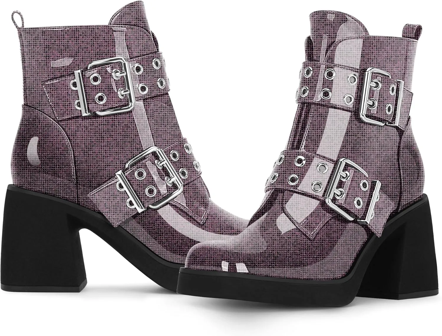 Women's Platform Chunky Heel Buckle Ankle Boots Patent Leather Side Zipper Booties