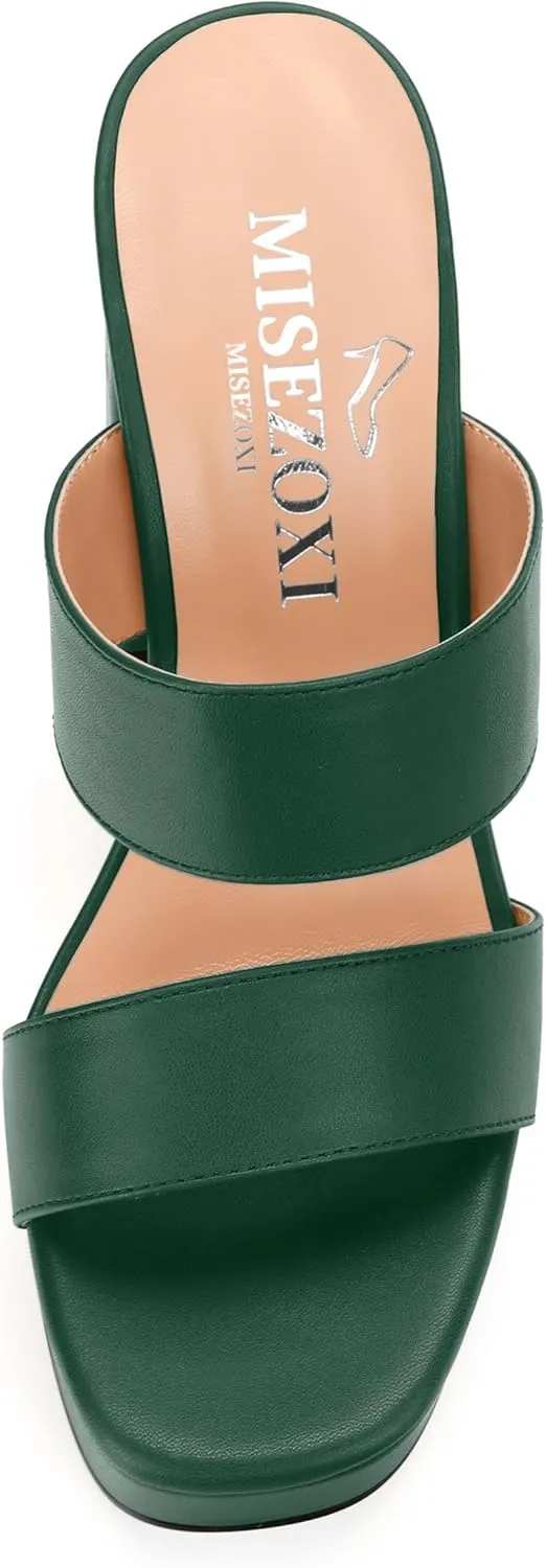 Womens Platform Chunky Heels Sandals Square Open Toe High Heeled Sandals Slip On Slides Dress Party Wedding Shoes