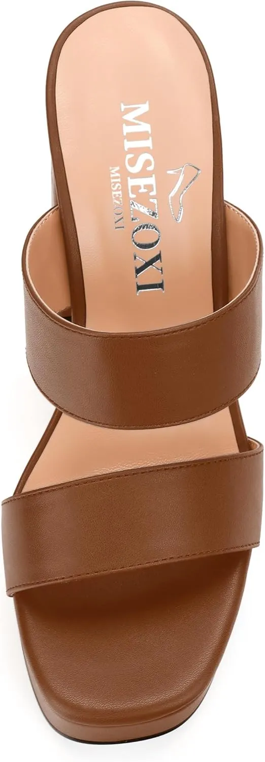 Womens Platform Chunky Heels Sandals Square Open Toe High Heeled Sandals Slip On Slides Dress Party Wedding Shoes