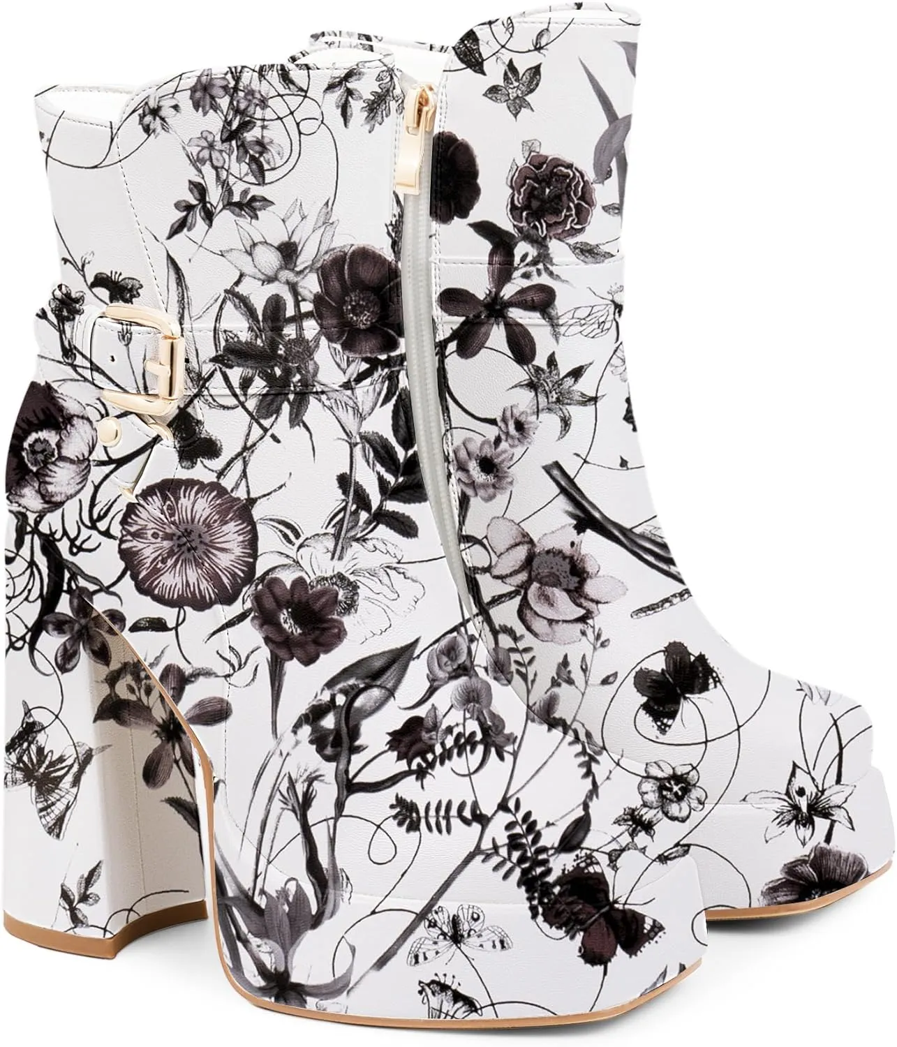 Women's Platform Chunky High Heel Ankle Boots Buckle Strap Square Toe Booties