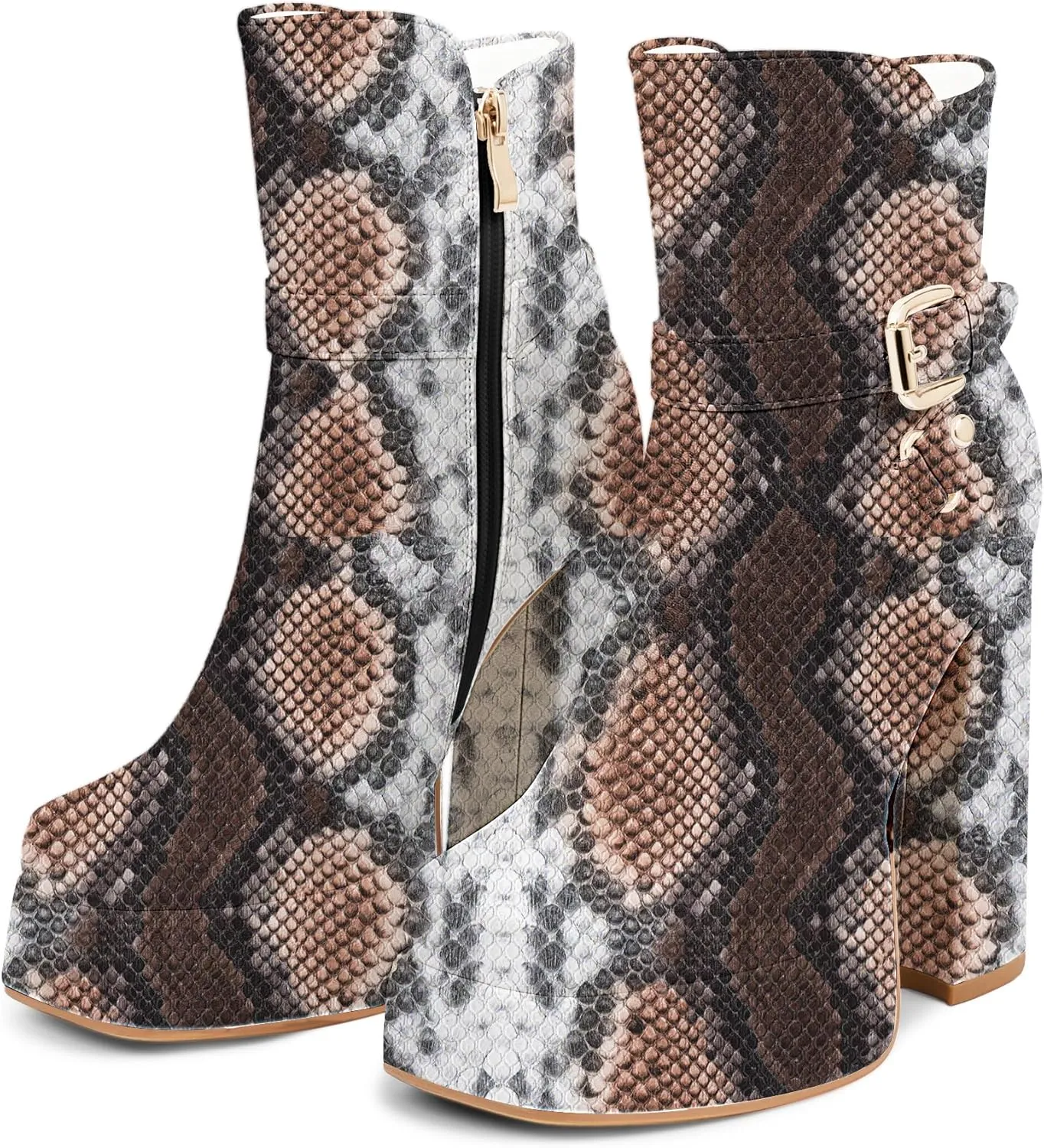 Women's Platform Chunky High Heel Ankle Boots Buckle Strap Square Toe Booties