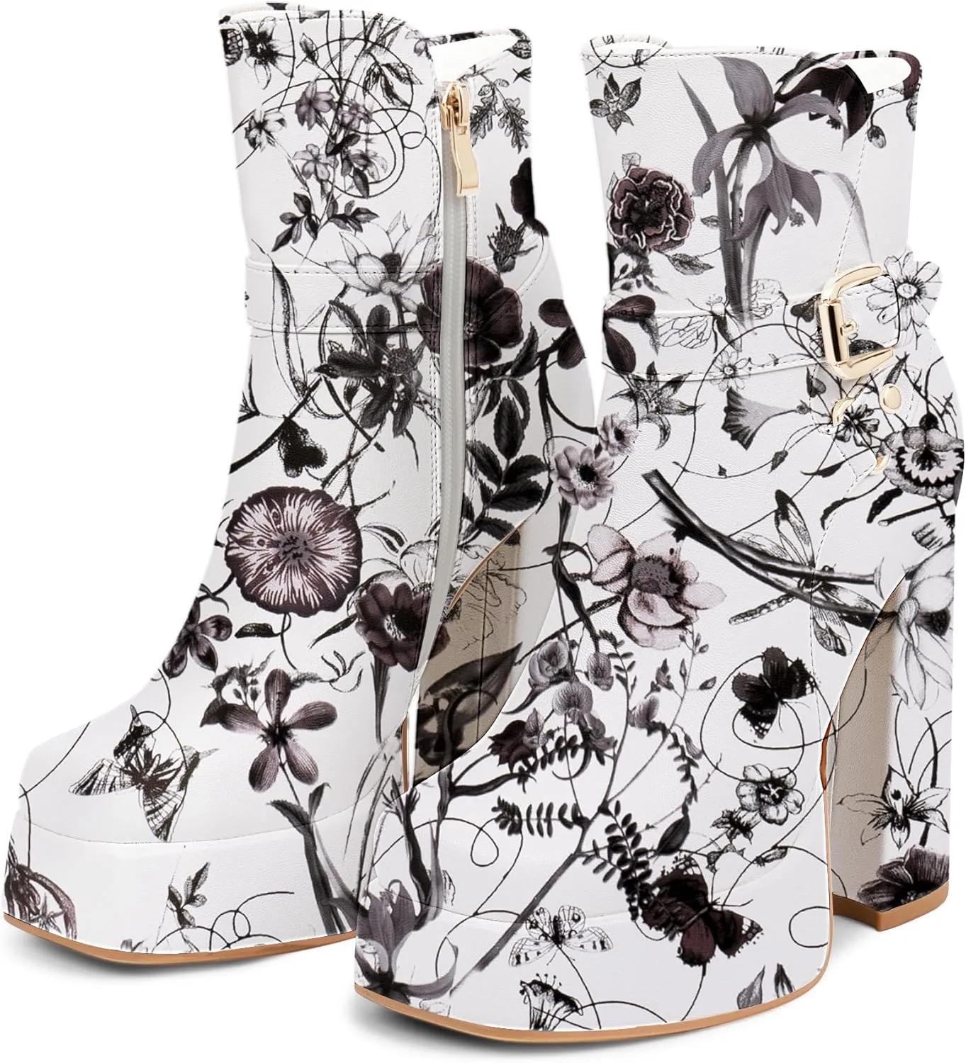 Women's Platform Chunky High Heel Ankle Boots Buckle Strap Square Toe Booties