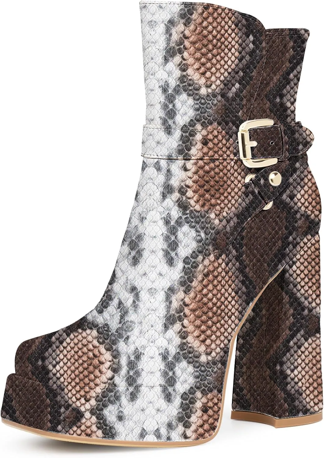 Women's Platform Chunky High Heel Ankle Boots Buckle Strap Square Toe Booties