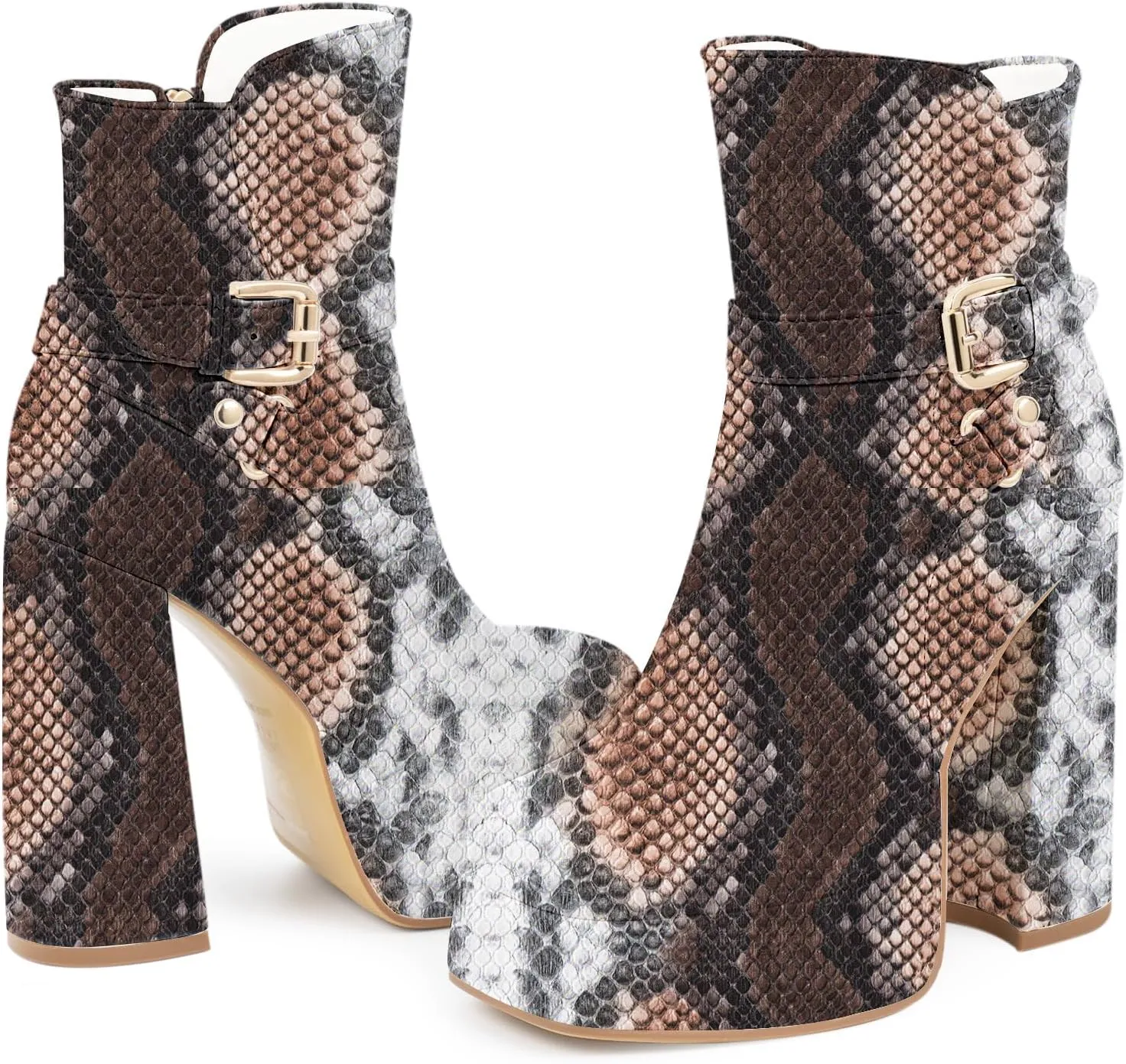 Women's Platform Chunky High Heel Ankle Boots Buckle Strap Square Toe Booties