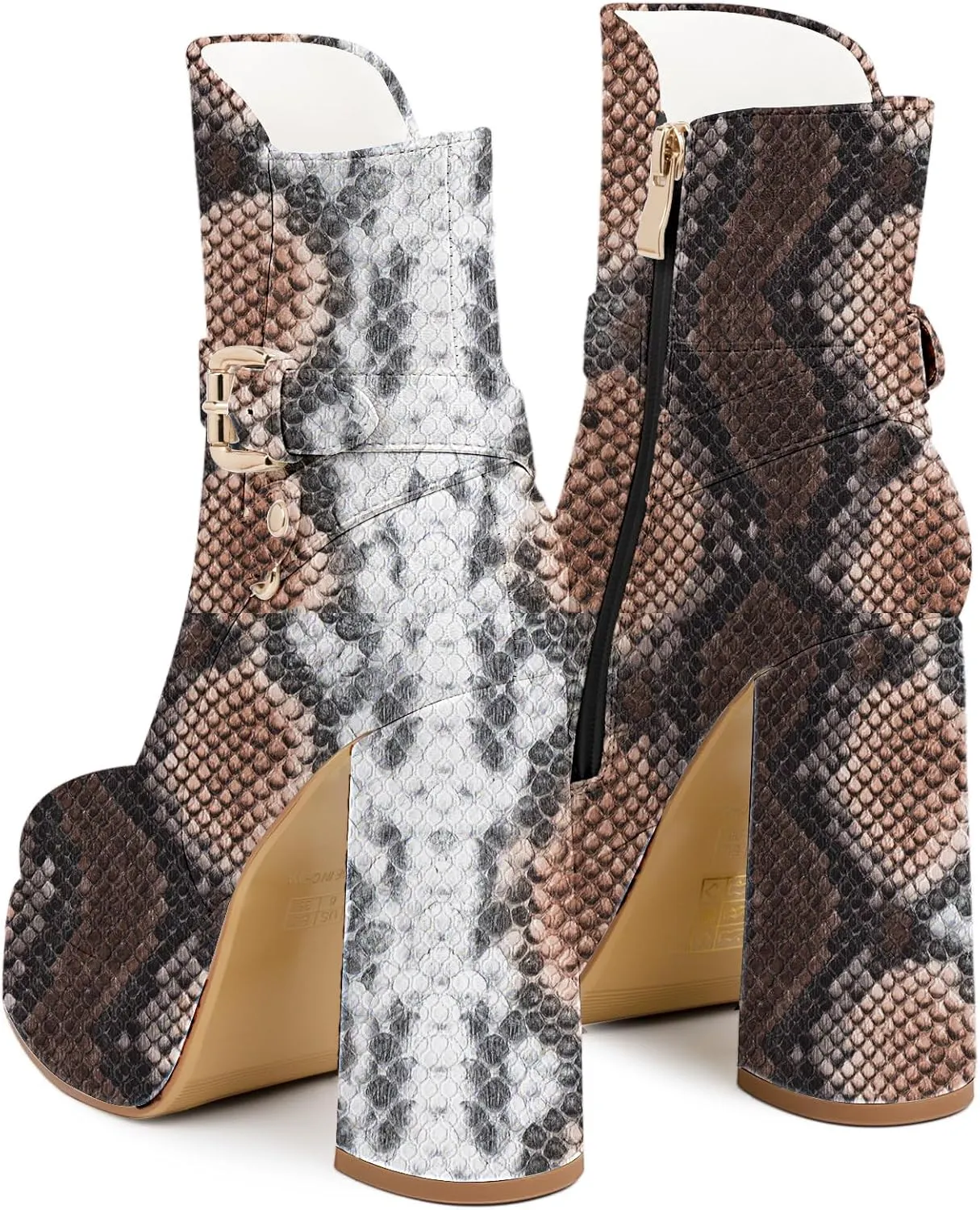 Women's Platform Chunky High Heel Ankle Boots Buckle Strap Square Toe Booties