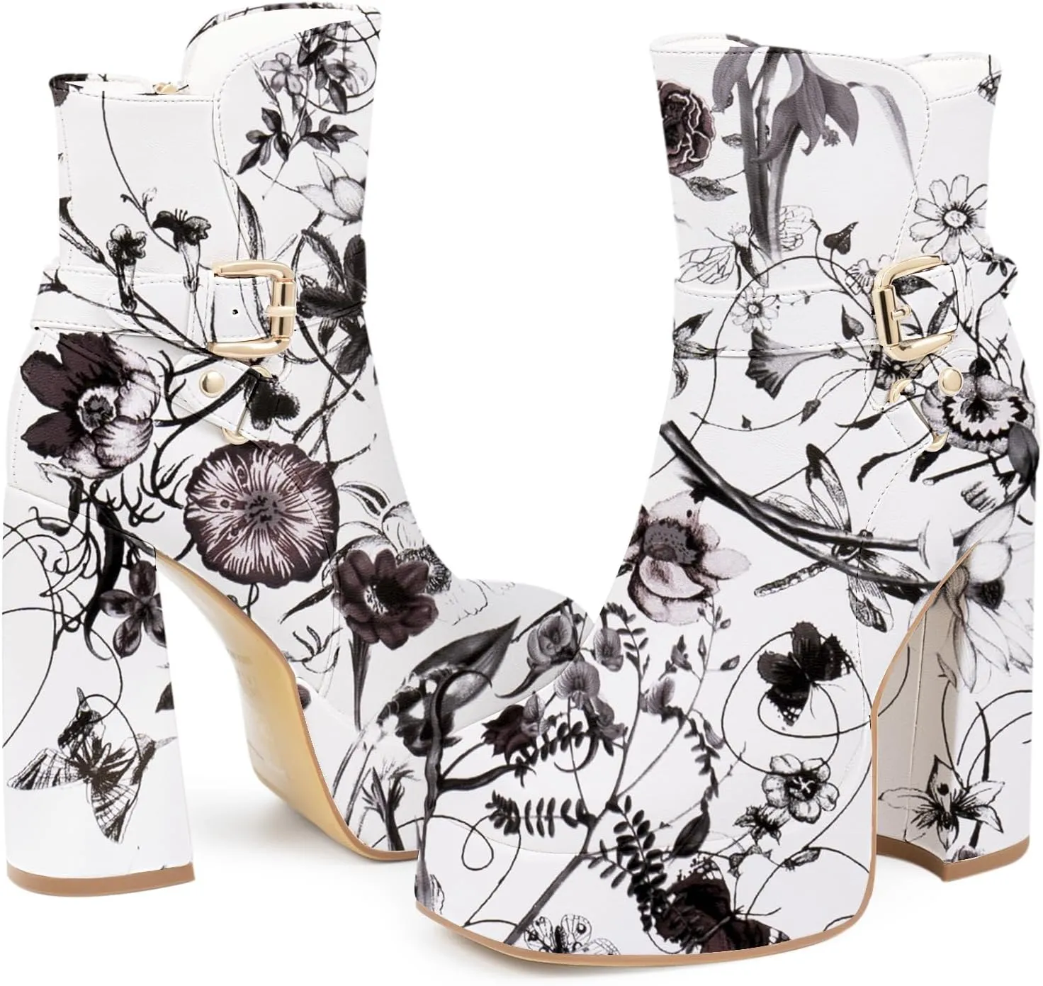 Women's Platform Chunky High Heel Ankle Boots Buckle Strap Square Toe Booties