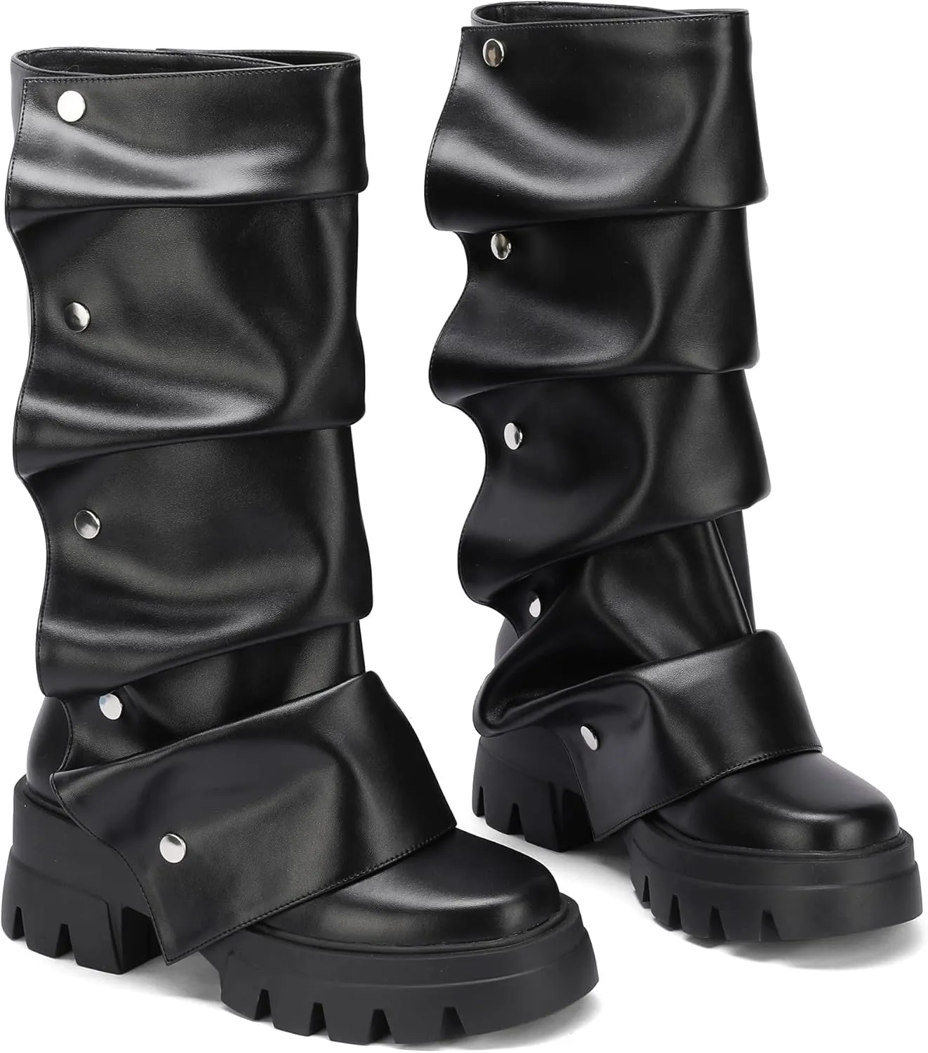 Women's Platform Mid-Calf Boots Fold Over Slouchy Style with Removable Ruched Panel Round Toe 3-In Chunky Heel Boots