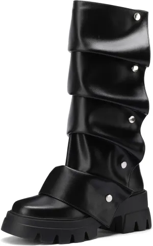 Women's Platform Mid-Calf Boots Fold Over Slouchy Style with Removable Ruched Panel Round Toe 3-In Chunky Heel Boots
